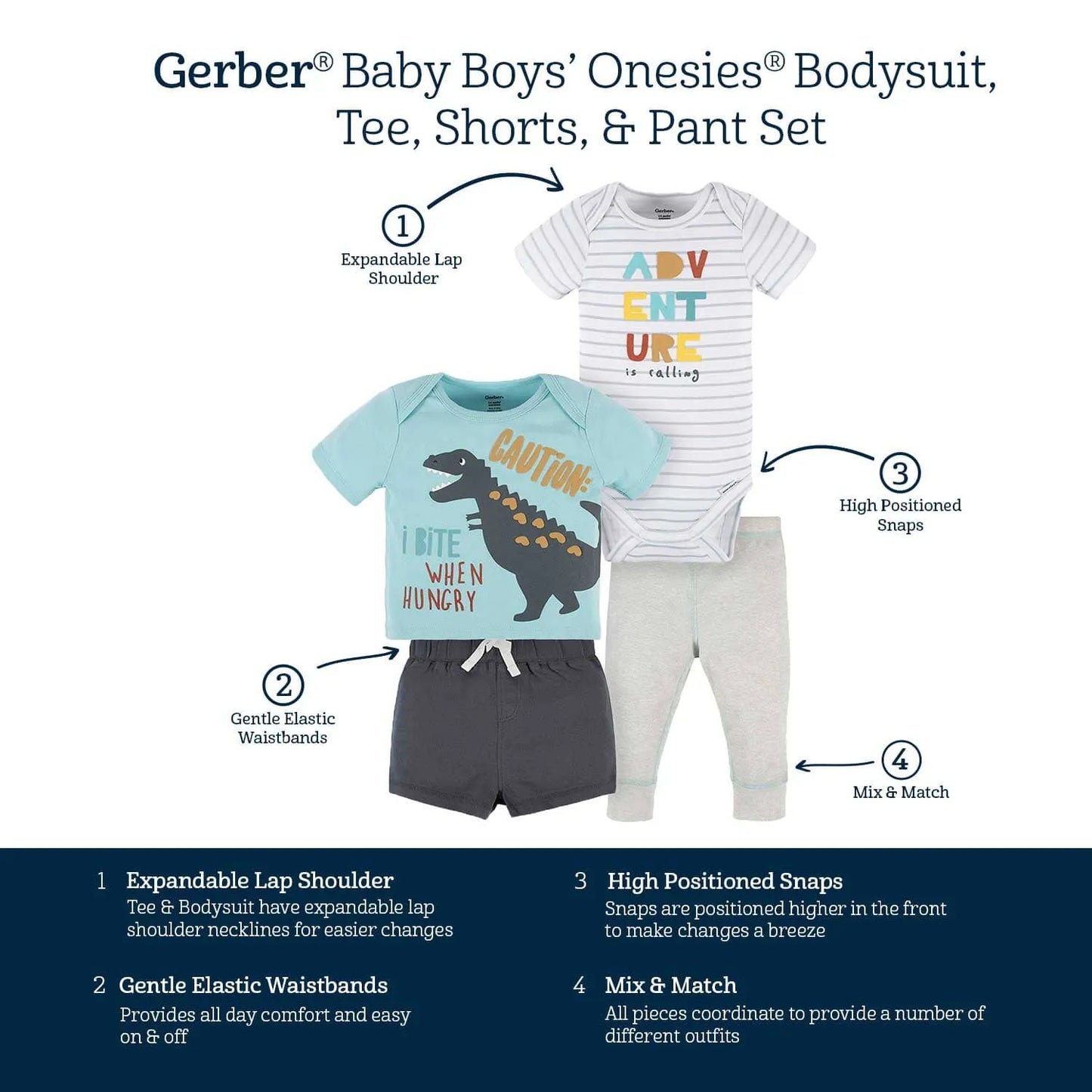 4-Piece Baby Boys Dino Blues Onesies Bodysuit, Tee, Shorts & Pant Set