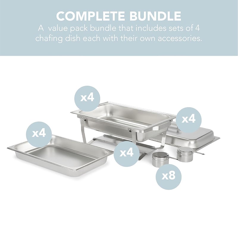 4 Pack Chafing Dish Full Set – Stainless Steel Catering Chafer with Lids, Pans & Fuel Holders