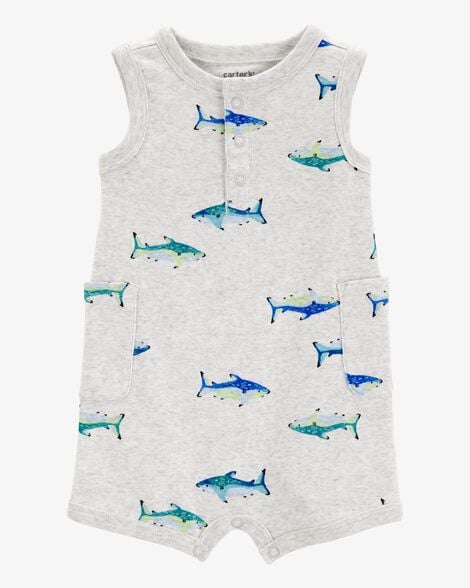 Baby Boy Shark Print Cotton Romper - Blue