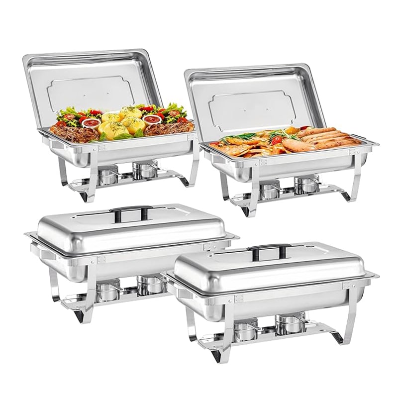 4 Pack Chafing Dish Full Set – Stainless Steel Catering Chafer with Lids, Pans & Fuel Holders