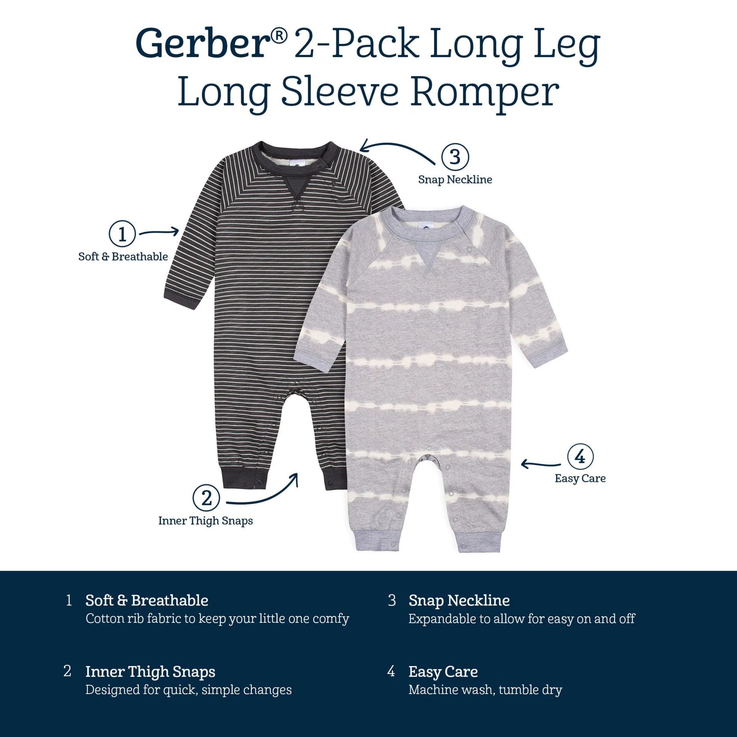 2-Pack Baby Boys Light Gray Tie Dye & Striped Raglan Sleeve Romper