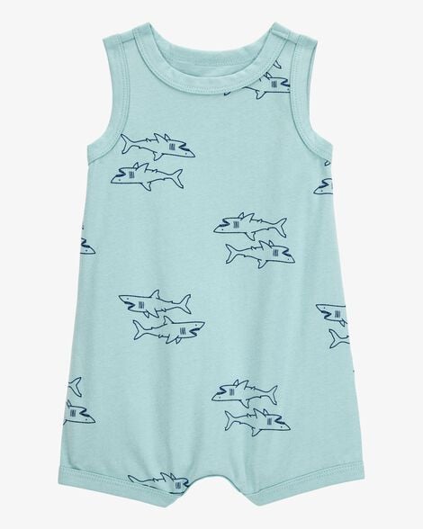 Baby Boy Shark Print Cotton Romper - Blue
