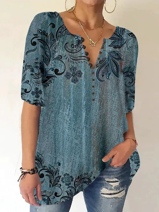 Women Half Sleeve V-neck Floral Printed Tops