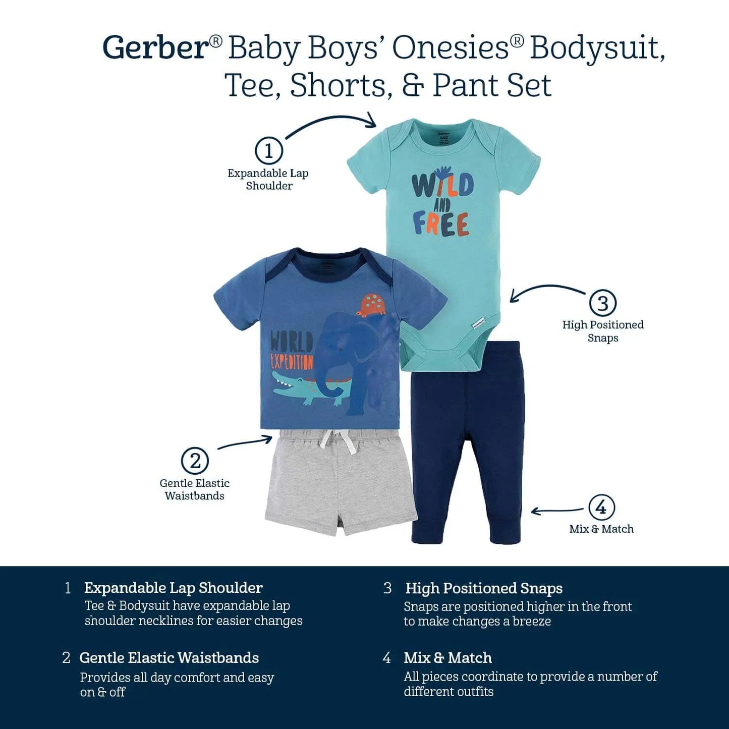4-Piece Baby Boys Wild & Free Onesies Bodysuit, Tee, Shorts & Pant Set