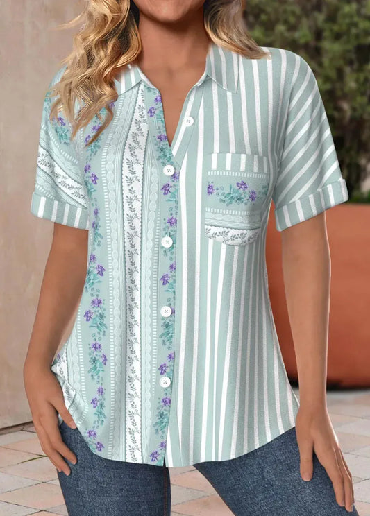Green Pocket Striped Short Sleeve Shirt Collar Blouse