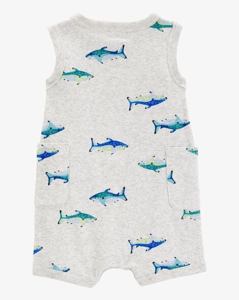 Baby Boy Shark Print Cotton Romper - Blue