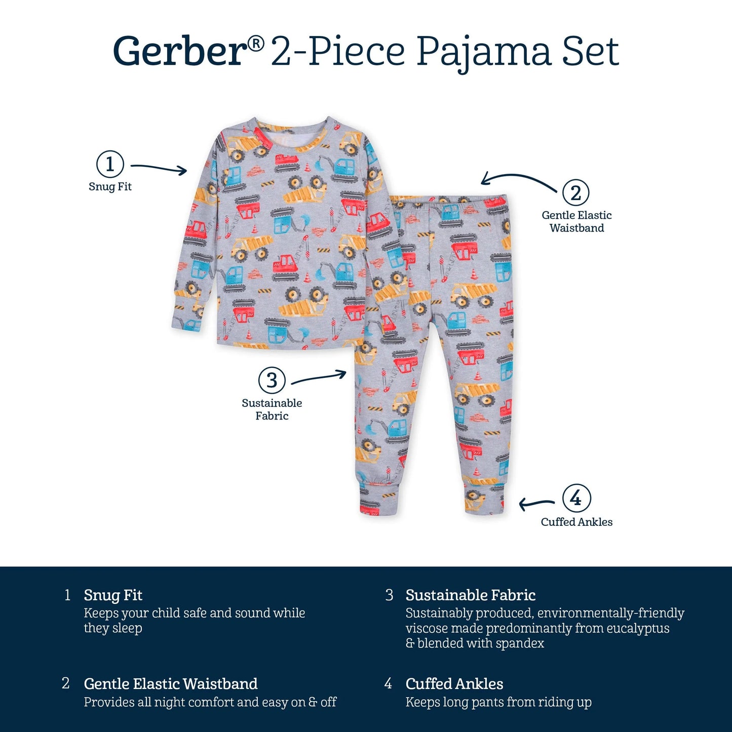 2-Piece Infant & Toddler Boys Construction Trucks Buttery Soft Viscose Made from Eucalyptus Snug Fit Pajamas