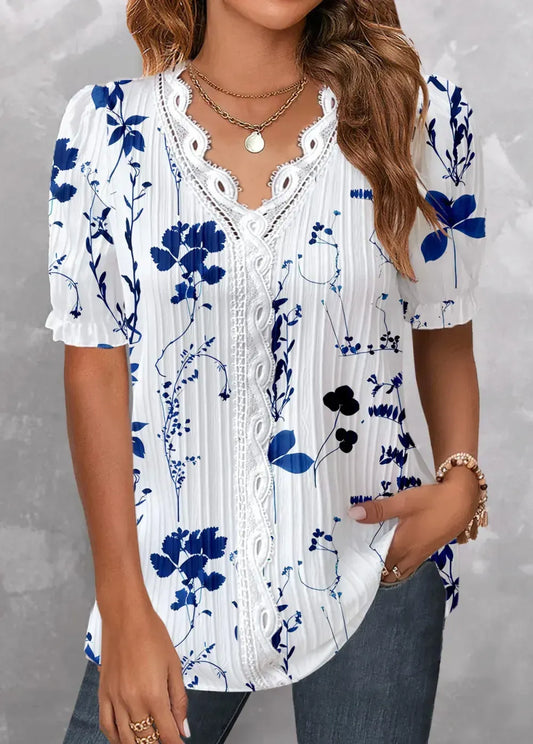 Dark Blue Embroidery Floral Print Short Sleeve Blouse
