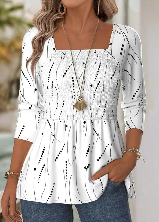 White Geometric Print Long Sleeve Square Neck Blouse